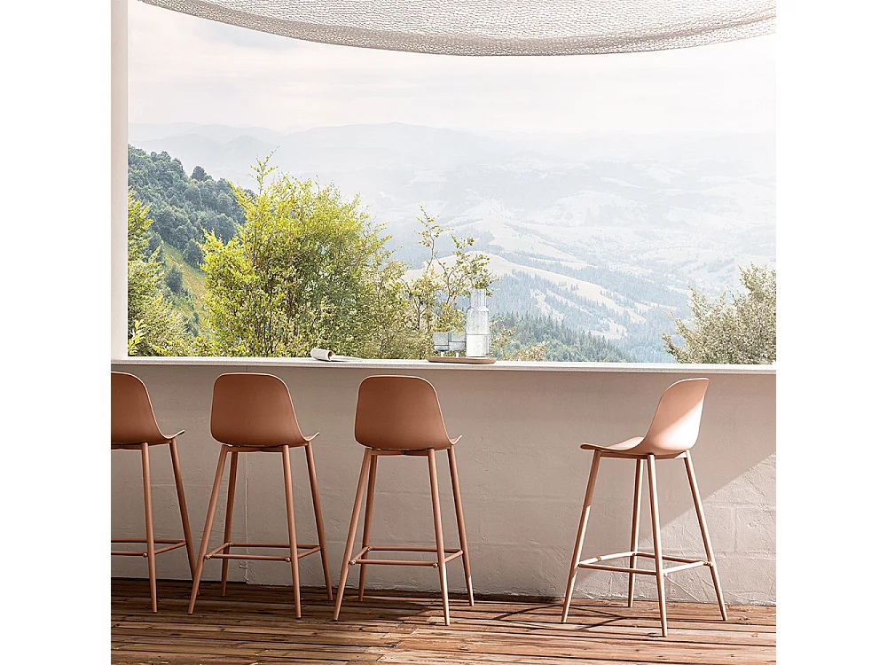 Portland - Lot de 4 tabourets de bar intérieur et extérieur en plastique et métal H65cm - Terracotta