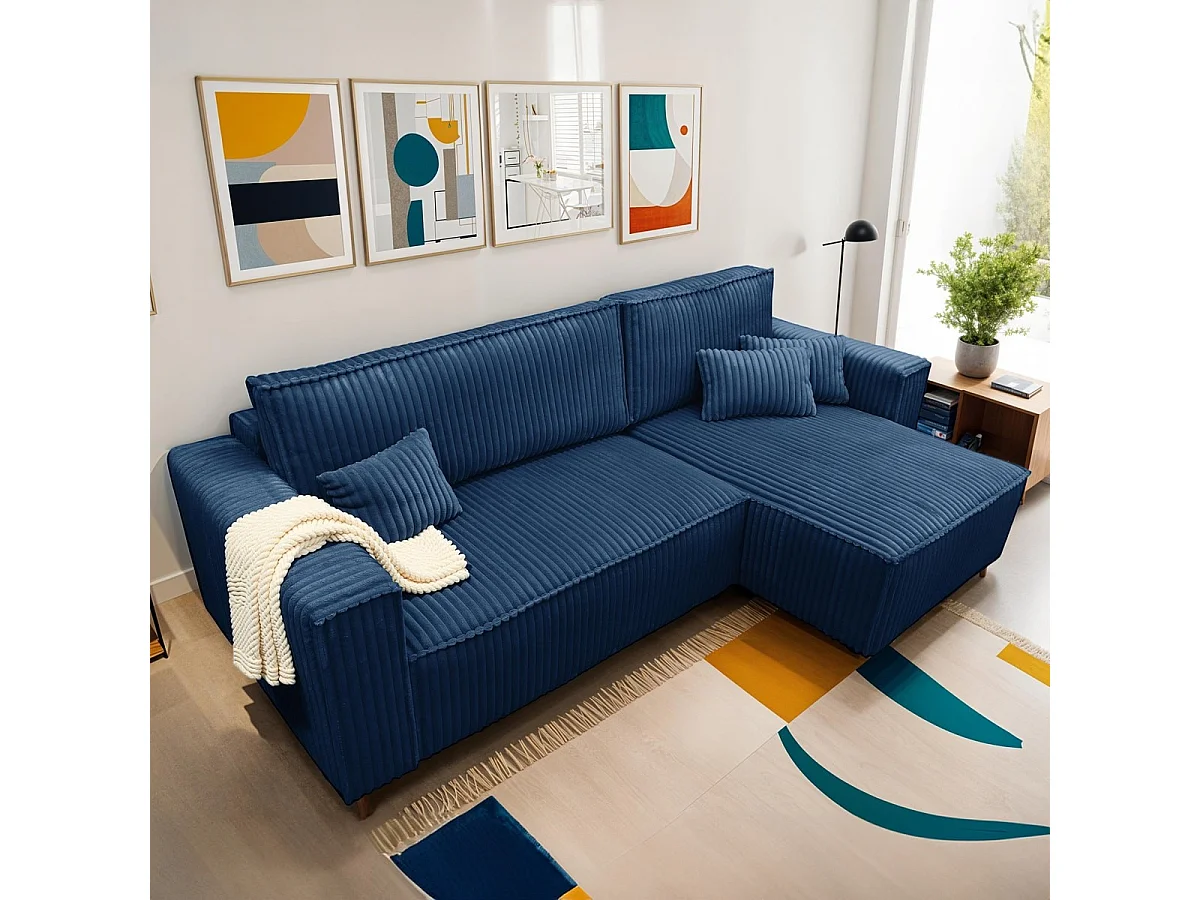 Canapé d'angle convertible réversible 4 places en velours gros côtelé bleu foncé - Livia