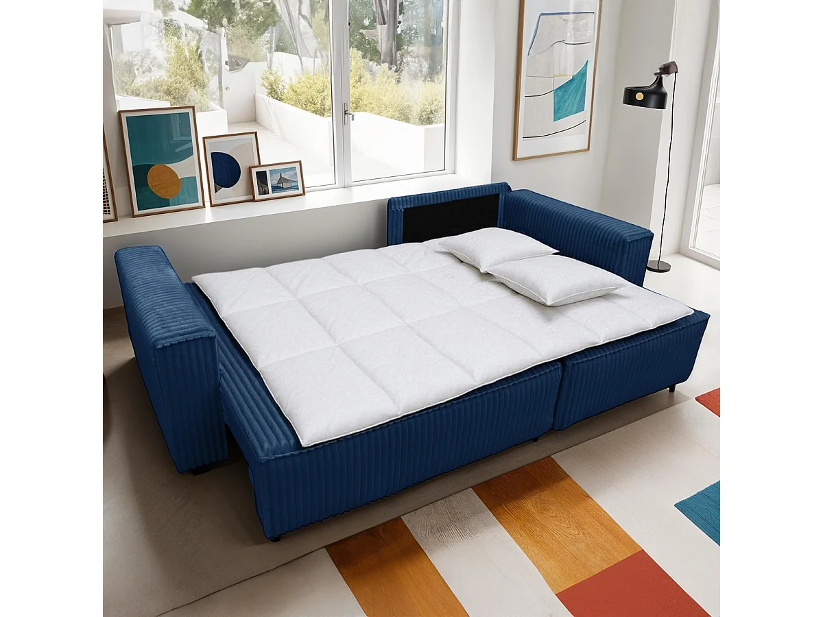 Canapé d'angle convertible réversible 4 places en velours gros côtelé bleu foncé - Livia