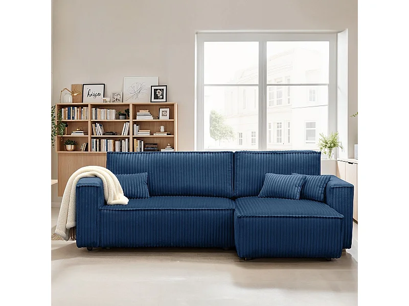 Canapé d'angle convertible réversible 4 places en velours gros côtelé bleu foncé - Livia