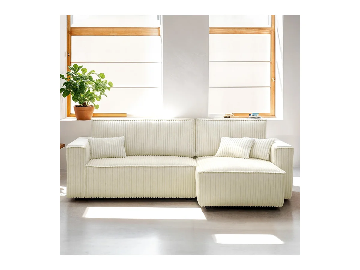 Canapé d'angle convertible réversible 4 places en velours gros côtelé beige - Livia