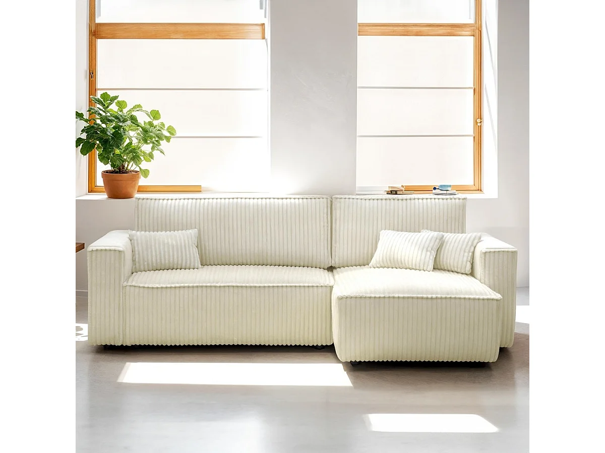 Canapé d'angle convertible réversible 4 places en velours gros côtelé beige - Livia