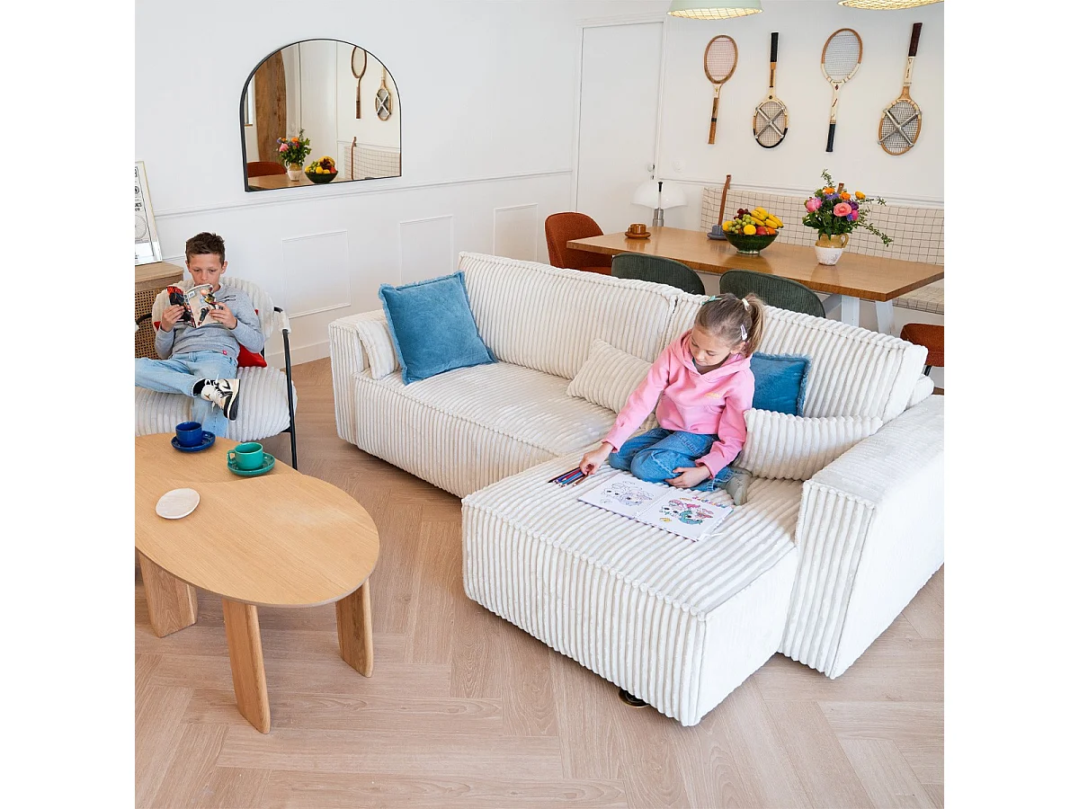 Canapé d'angle convertible réversible 4 places en velours gros côtelé beige - Livia