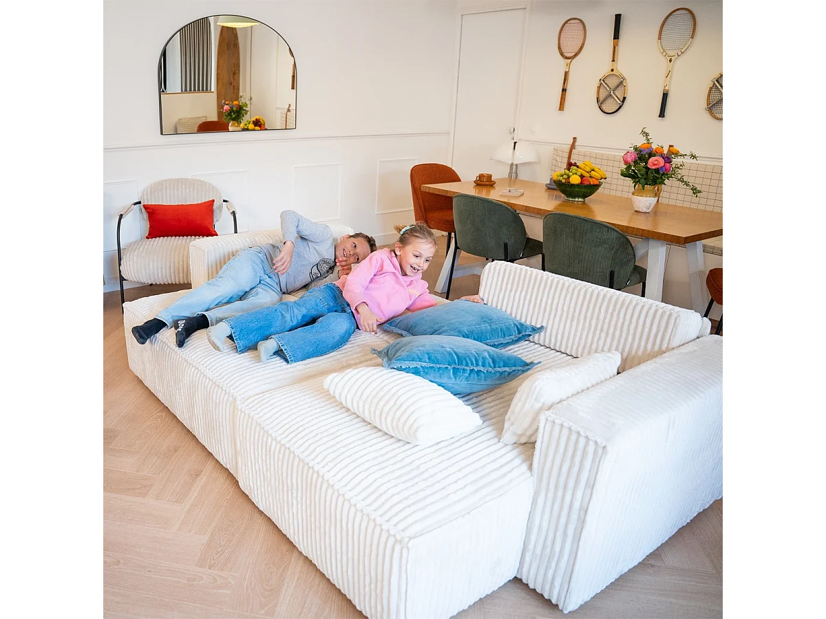 Canapé d'angle convertible réversible 4 places en velours gros côtelé beige - Livia