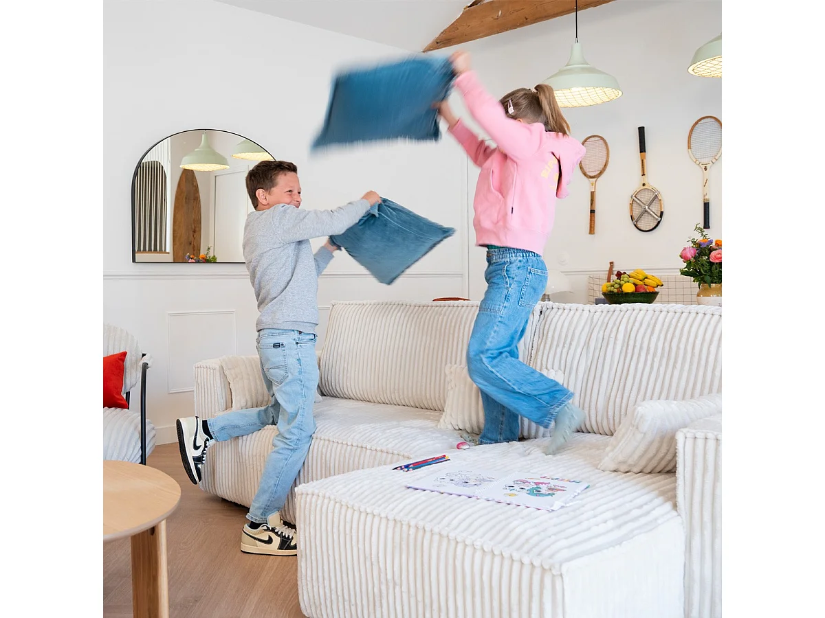 Canapé d'angle convertible réversible 4 places en velours gros côtelé beige - Livia