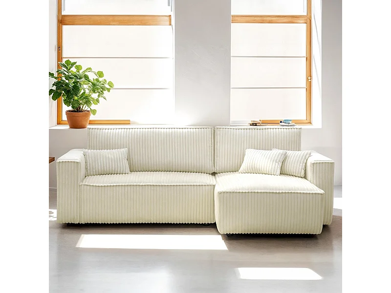 Canapé d'angle convertible réversible 4 places en velours gros côtelé beige - Livia