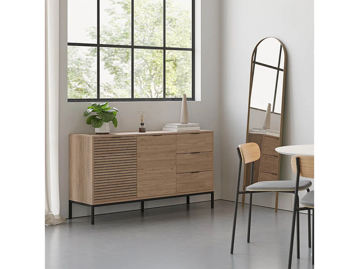 APPA - Buffet 2 Portes 3 Tiroirs Aspect bois Tasseaux Pieds Métal