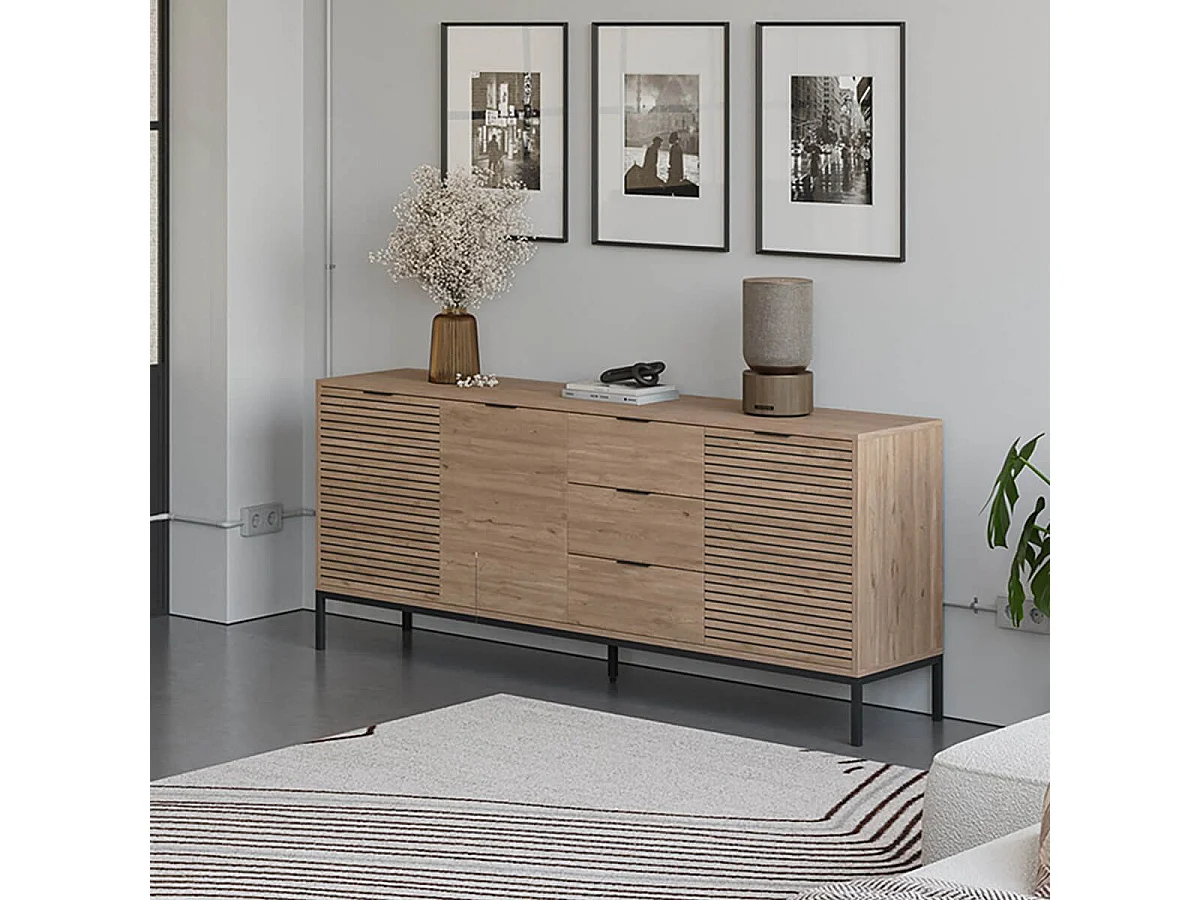 APPA - Buffet 3 Portes 3 Tiroirs Aspect bois Tasseaux Pieds Métal