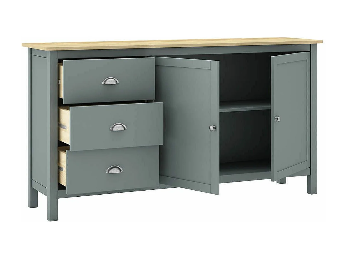 BASCO - Buffet 2 Portes 3 Tiroirs en Pin Massif Naturel et Vert Céladon