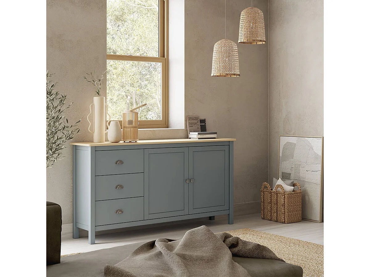 BASCO - Buffet 2 Portes 3 Tiroirs en Pin Massif Naturel et Vert Céladon