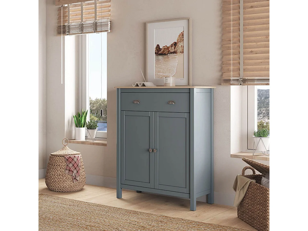 BASCO - Meuble d'Appoint 2 Portes 1 Tiroir en Pin Massif Naturel et Vert Céladon