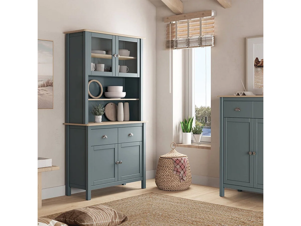 BASCO - Buffet Haut 4 Portes 2 Tiroirs en Pin Massif Naturel et Vert Céladon