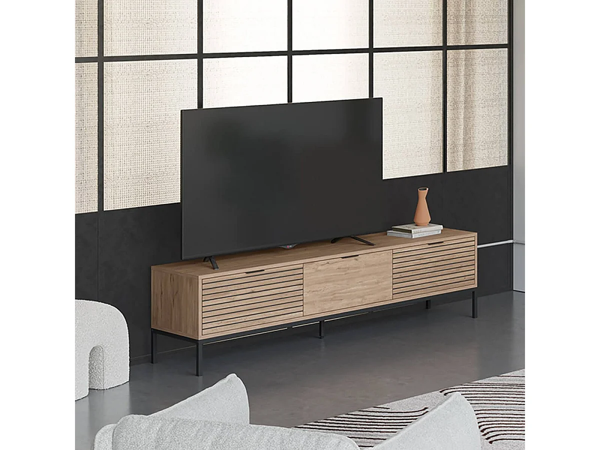 APPA - Meuble TV 180cm 3 Tiroirs Aspect bois Tasseaux Pieds Métal