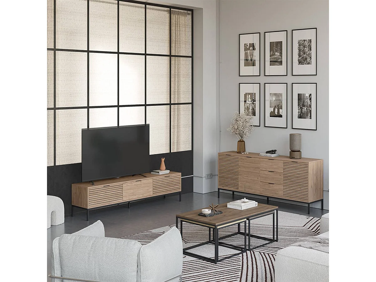 APPA - Meuble TV 180cm 3 Tiroirs Aspect bois Tasseaux Pieds Métal