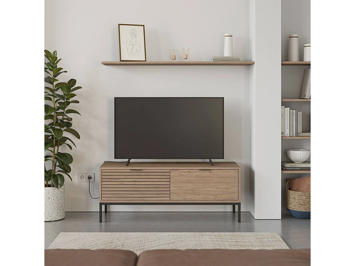 APPA - Meuble TV 120cm 2 Tiroirs Aspect bois Tasseaux Pieds Métal