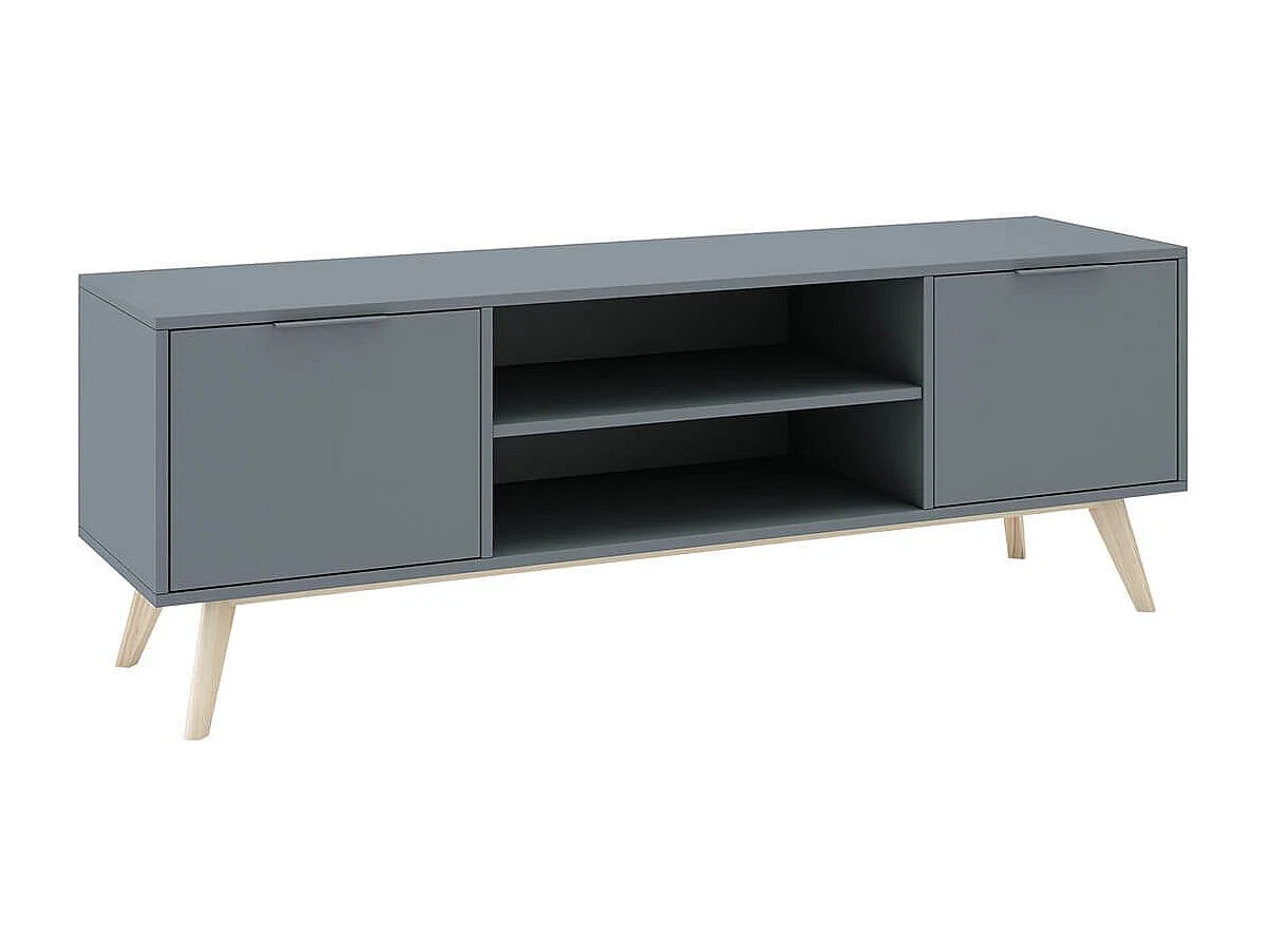 CANACA - Meuble TV 2 Portes 2 niches Scandinave MDF et Pin Massif Gris Vert