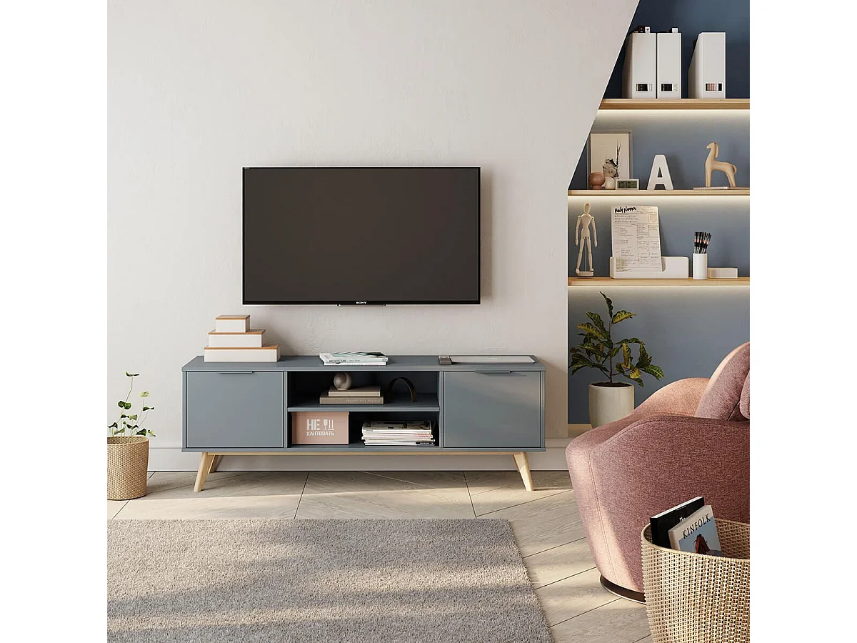 CANACA - Meuble TV 2 Portes 2 niches Scandinave MDF et Pin Massif Gris Vert