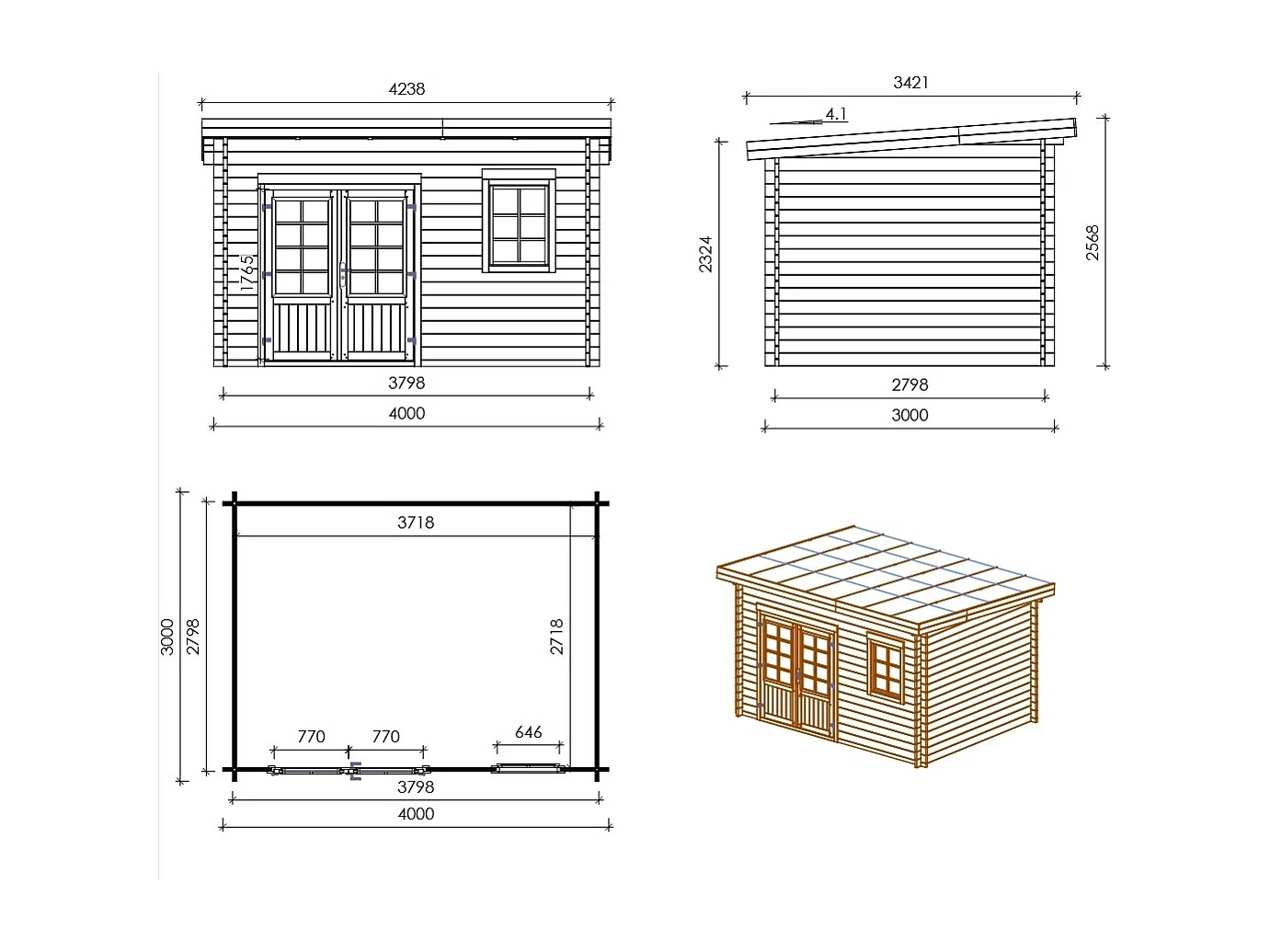 Abri de jardin en bois - 12m2 - 4x3m - Traité - Ep. 40mm - Couleur: vert - DOM717 - ALTANKA