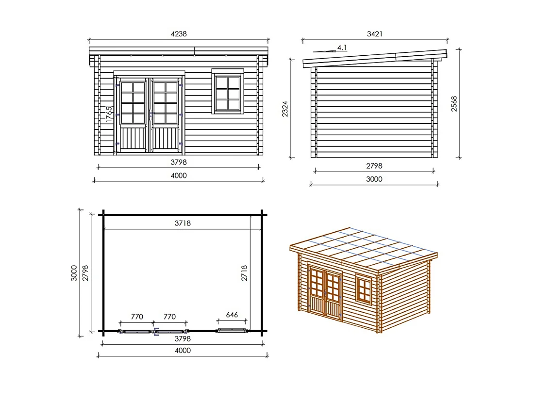 Casetta da giardino in legno - 12m2 - 4x3m - impregnata - 40mm - colore: verde - DOM717 - ALTANKA
