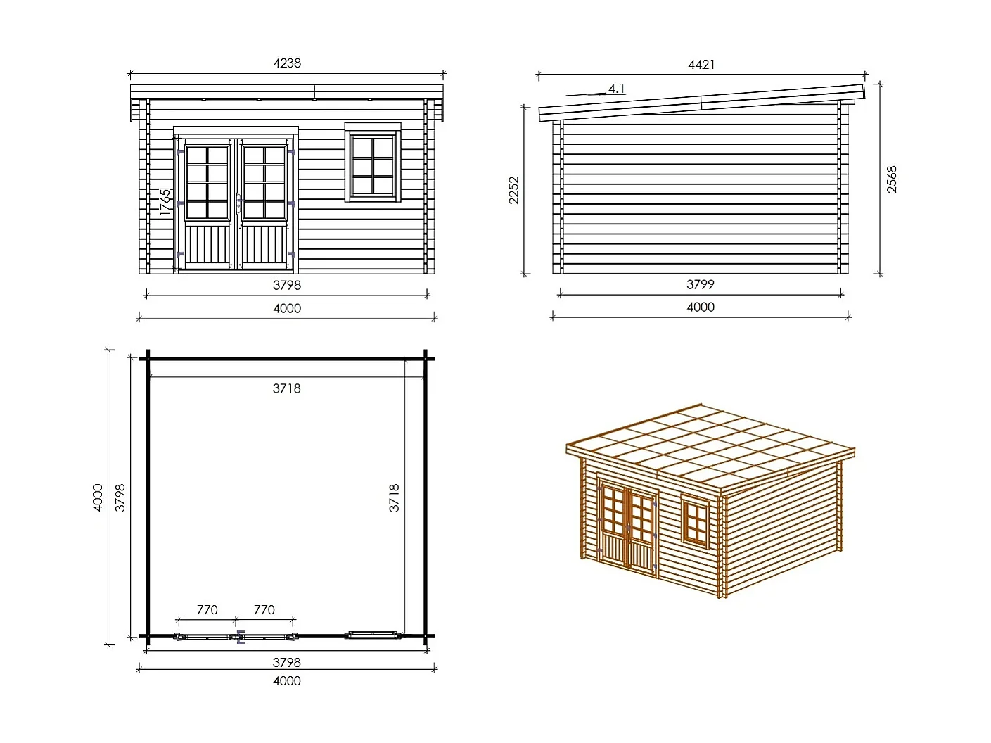 Abri de jardin en bois - 16m2 - 4x4m - Traité - Ep. 40mm - Couleur: vert - DOM716 - ALTANKA