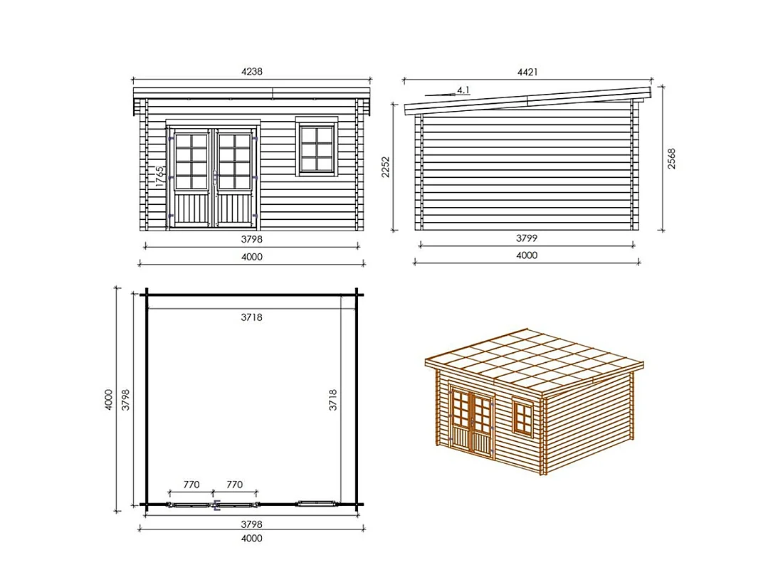 Casetta da giardino in legno - 16m2 - 4x4m - impregnata - 40mm - colore: verde - DOM716 - ALTANKA