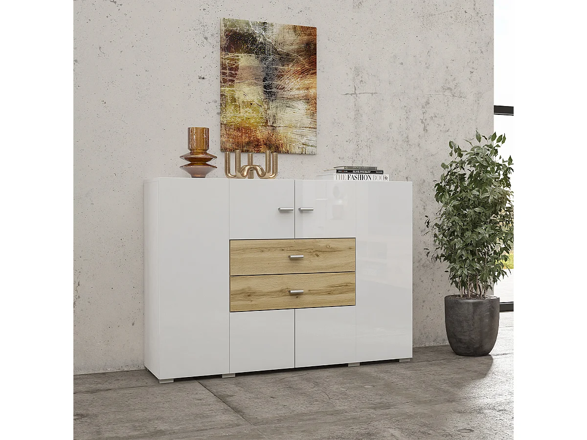 Buffet 2 portes 2 tiroirs Akram Blanc et Bois