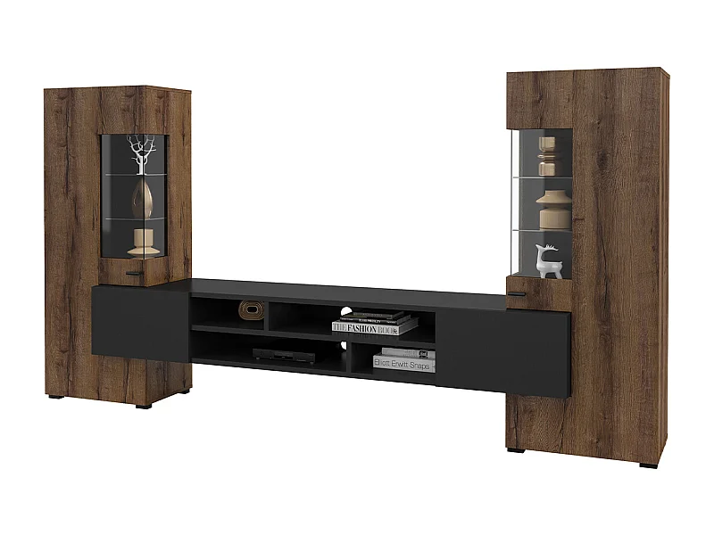 Set di porta TV e 2 armadi Akram in legno wengé e nero