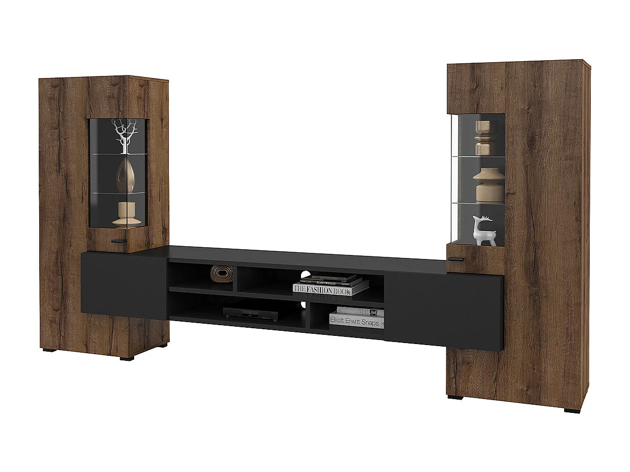 Ensemble meuble TV et 2 armoires Akram Bois Wengé et Noir