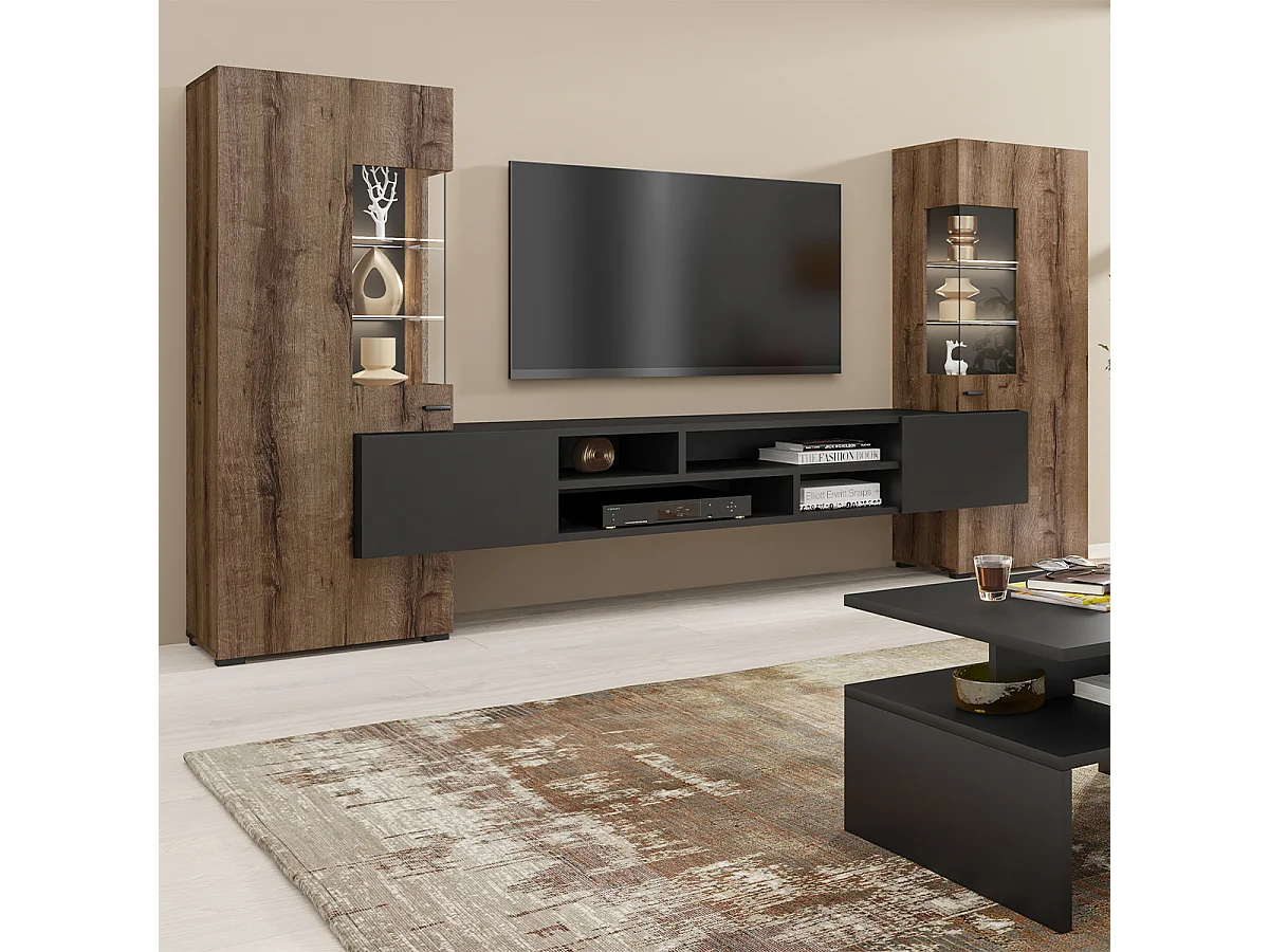 Ensemble meuble TV et 2 armoires Akram Bois Wengé et Noir