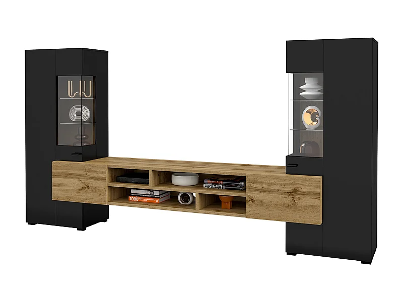 Set di porta TV e 2 armadi Akram, nero e legno
