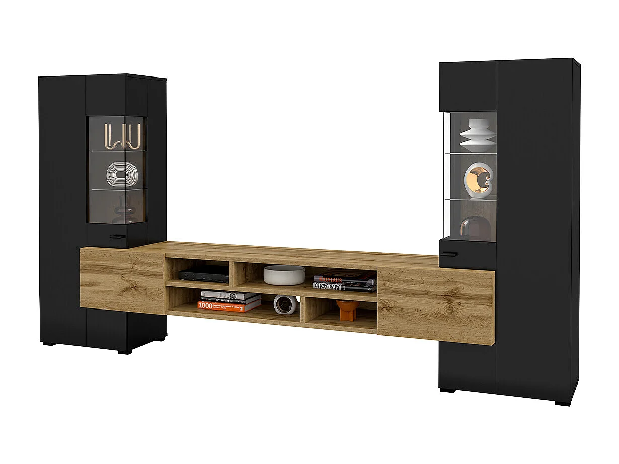 Set di porta TV e 2 armadi Akram, nero e legno