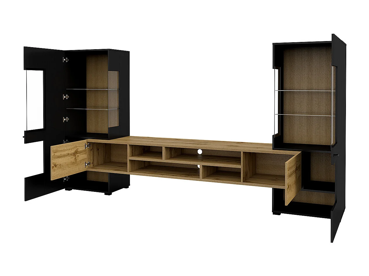 Set di porta TV e 2 armadi Akram, nero e legno