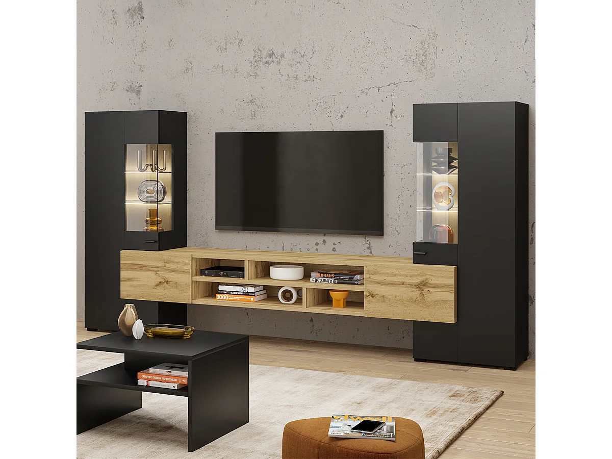 Set di porta TV e 2 armadi Akram, nero e legno