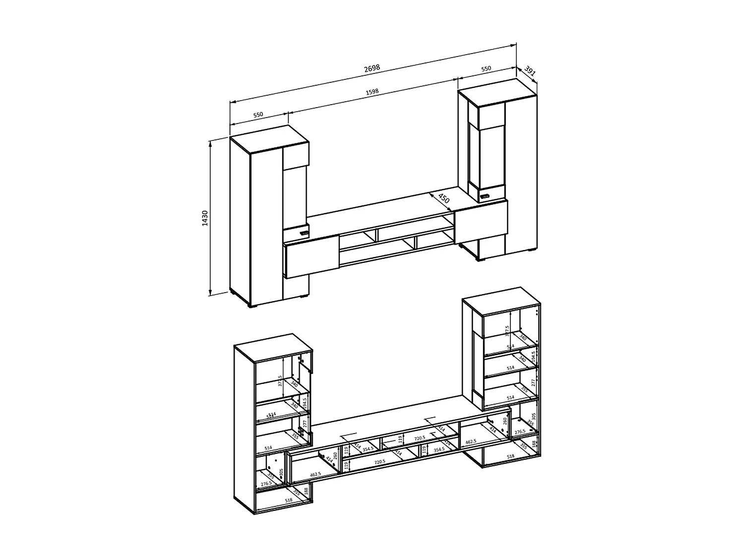 Set di porta TV e 2 armadi Akram, nero e legno