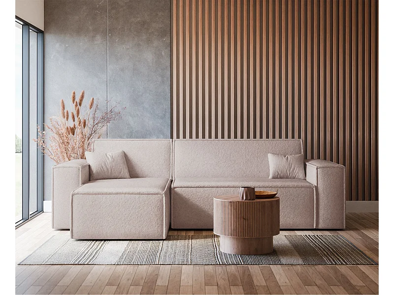 Ecksofa mit Schlaffunktion - Stauraum - Bouclé-Bezug - hellbeige - Scarlo