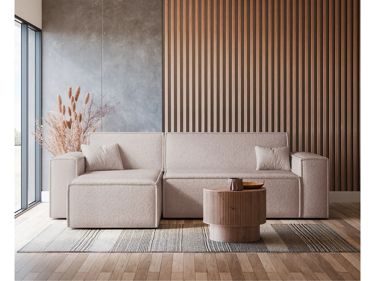 Canapé d'angle convertible - en boucle beige clair - SCARLO