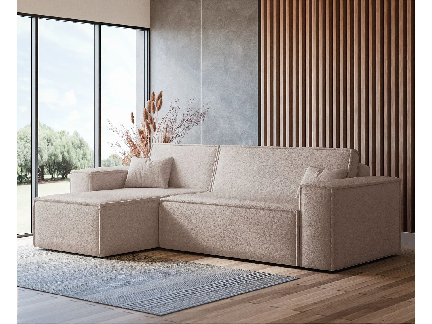 Canapé d'angle convertible - en boucle beige clair - SCARLO