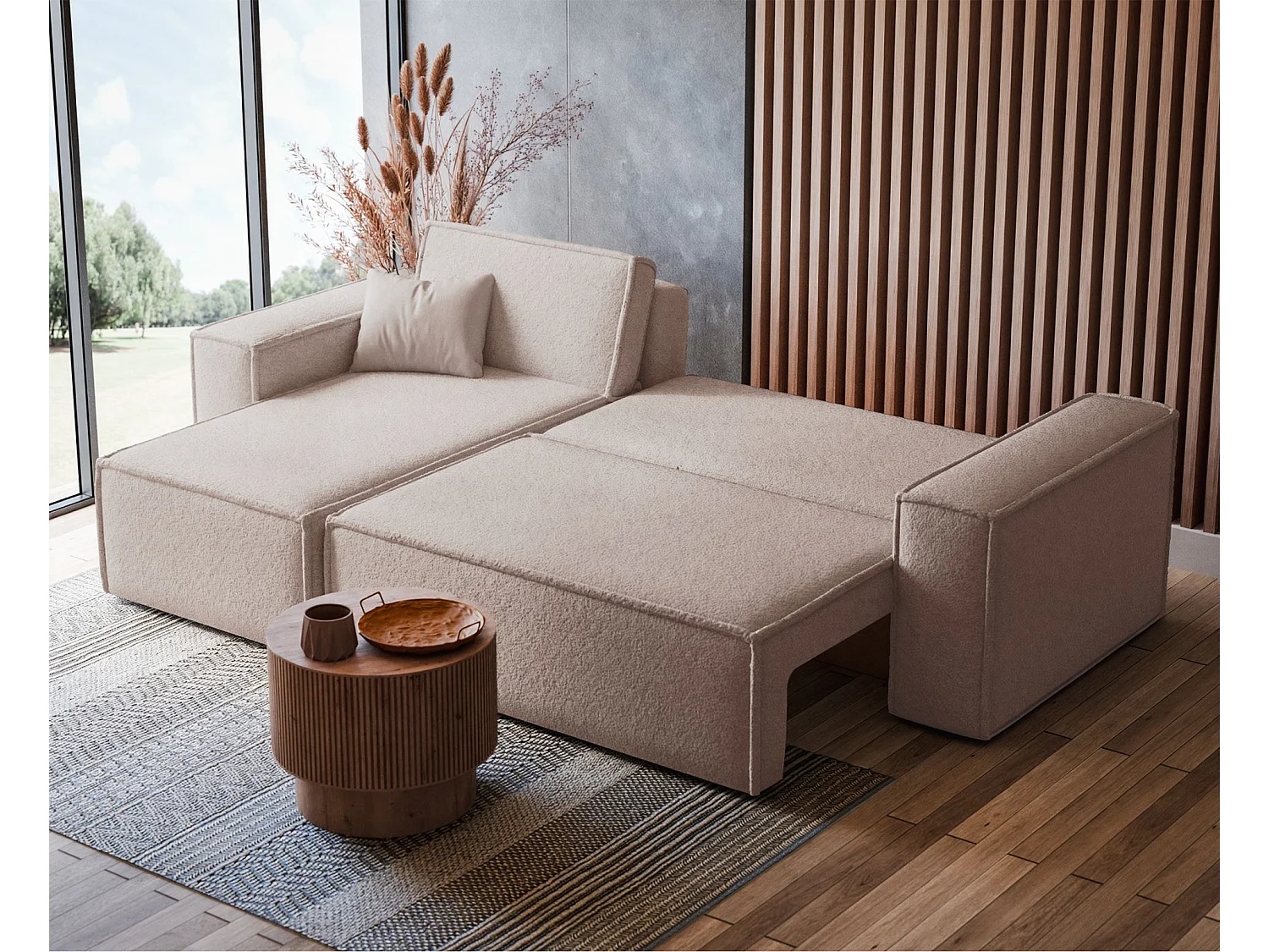 Canapé d'angle convertible - en boucle beige clair - SCARLO