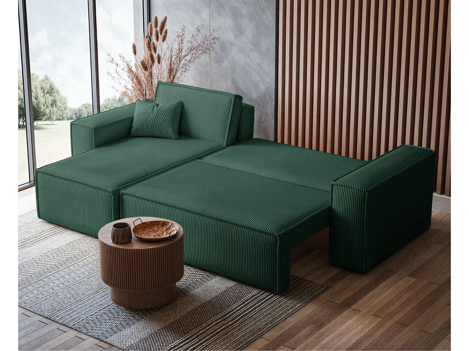 Canapé d'angle convertible - en velours côtelé vert foncé - SCARLO