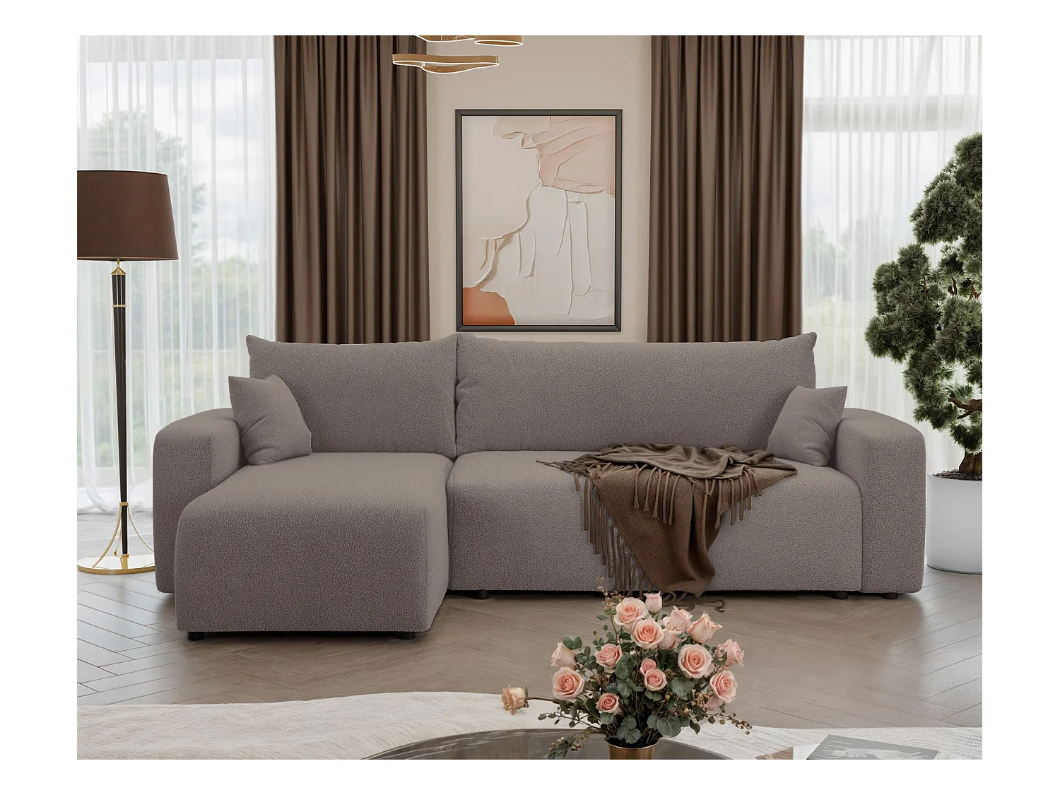 Canapé d'angle convertible - en boucle marron clair - PIANONI