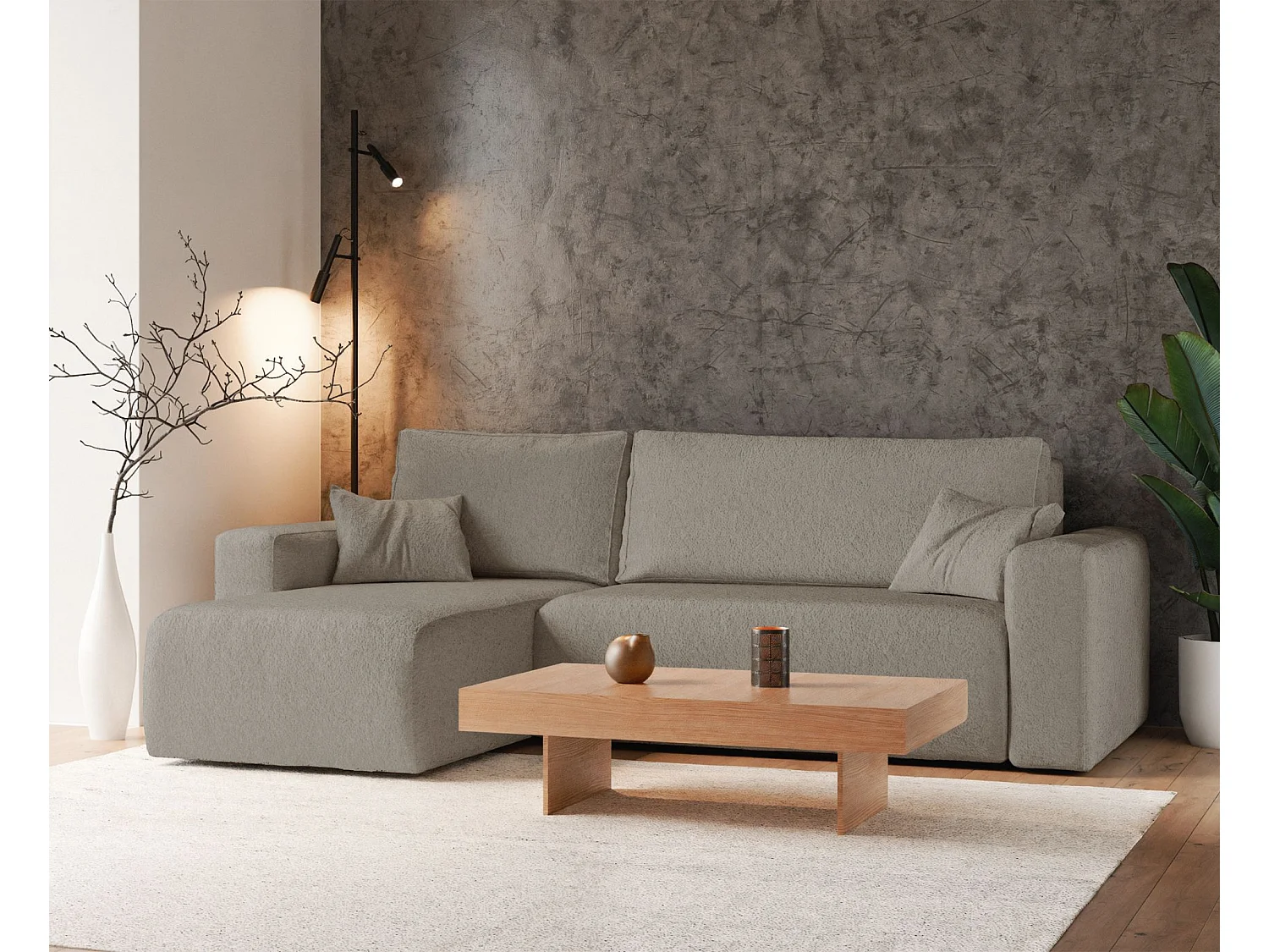 Hoekbank met omklapfunctie - lichtbruin boucle - PIANONI