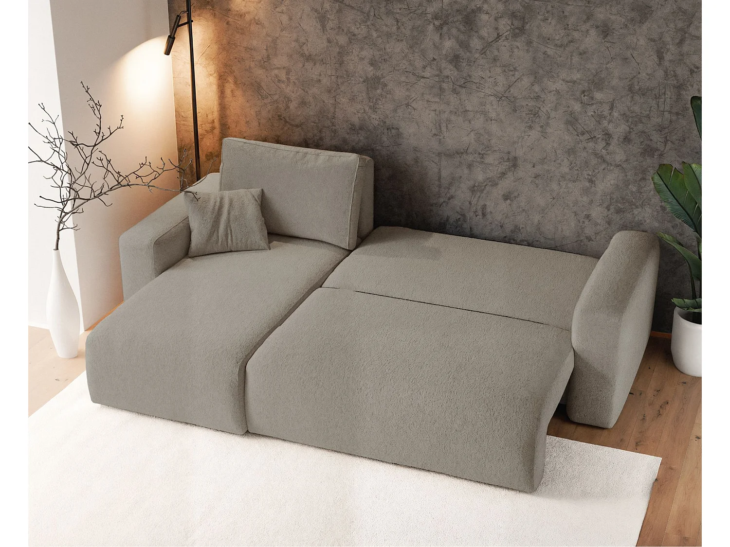 Hoekbank met omklapfunctie - lichtbruin boucle - PIANONI