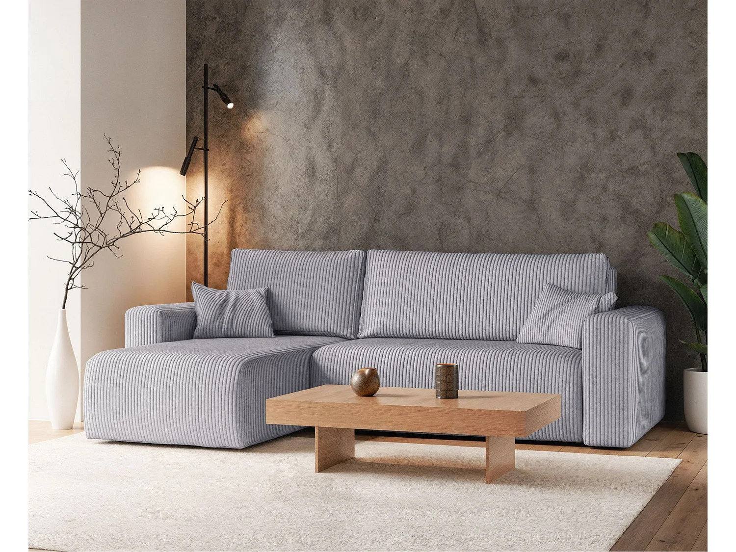 Canapé d'angle convertible - en velours côtelé gris clair - PIANONI