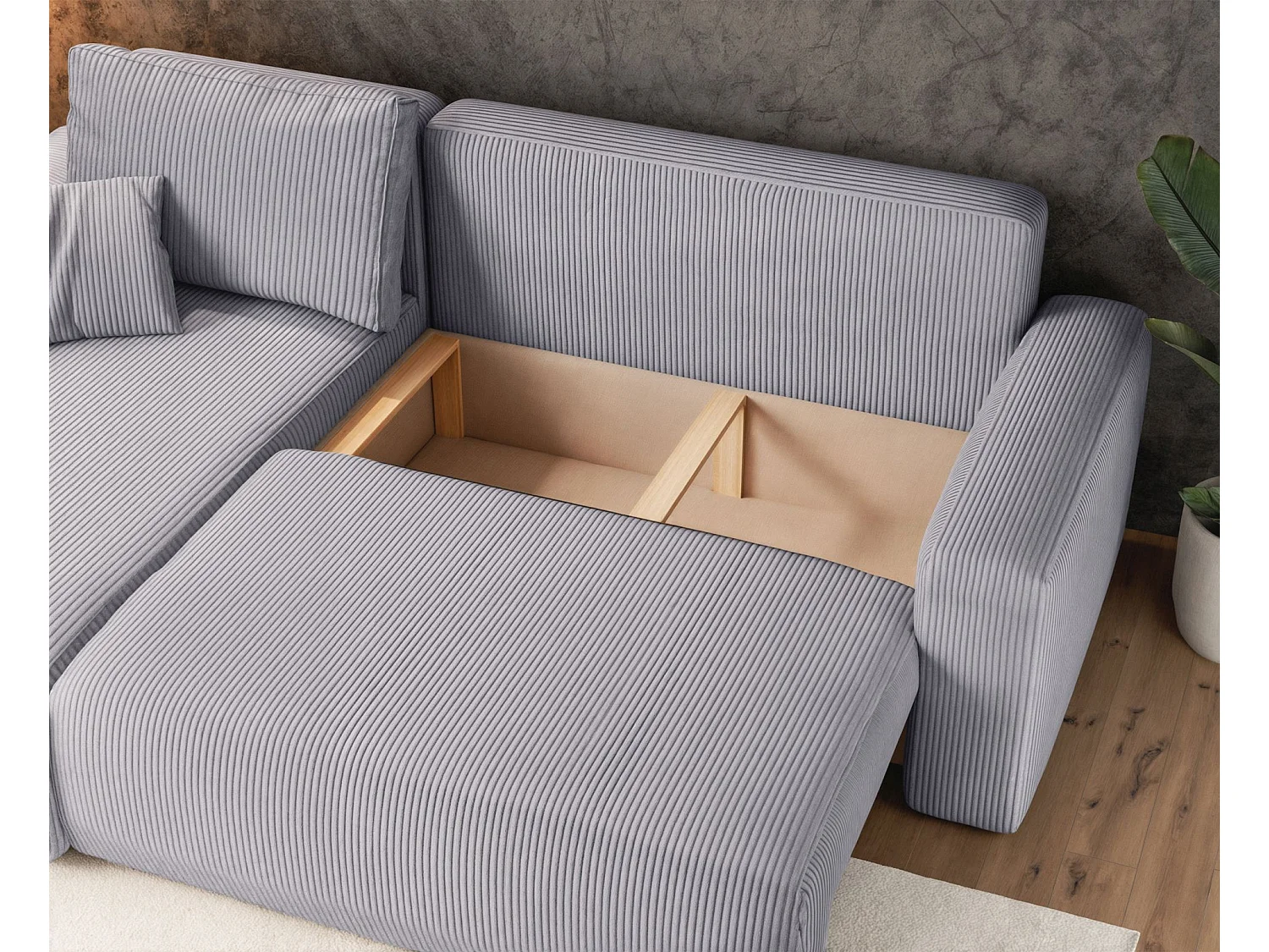 Canapé d'angle convertible - en velours côtelé gris clair - PIANONI