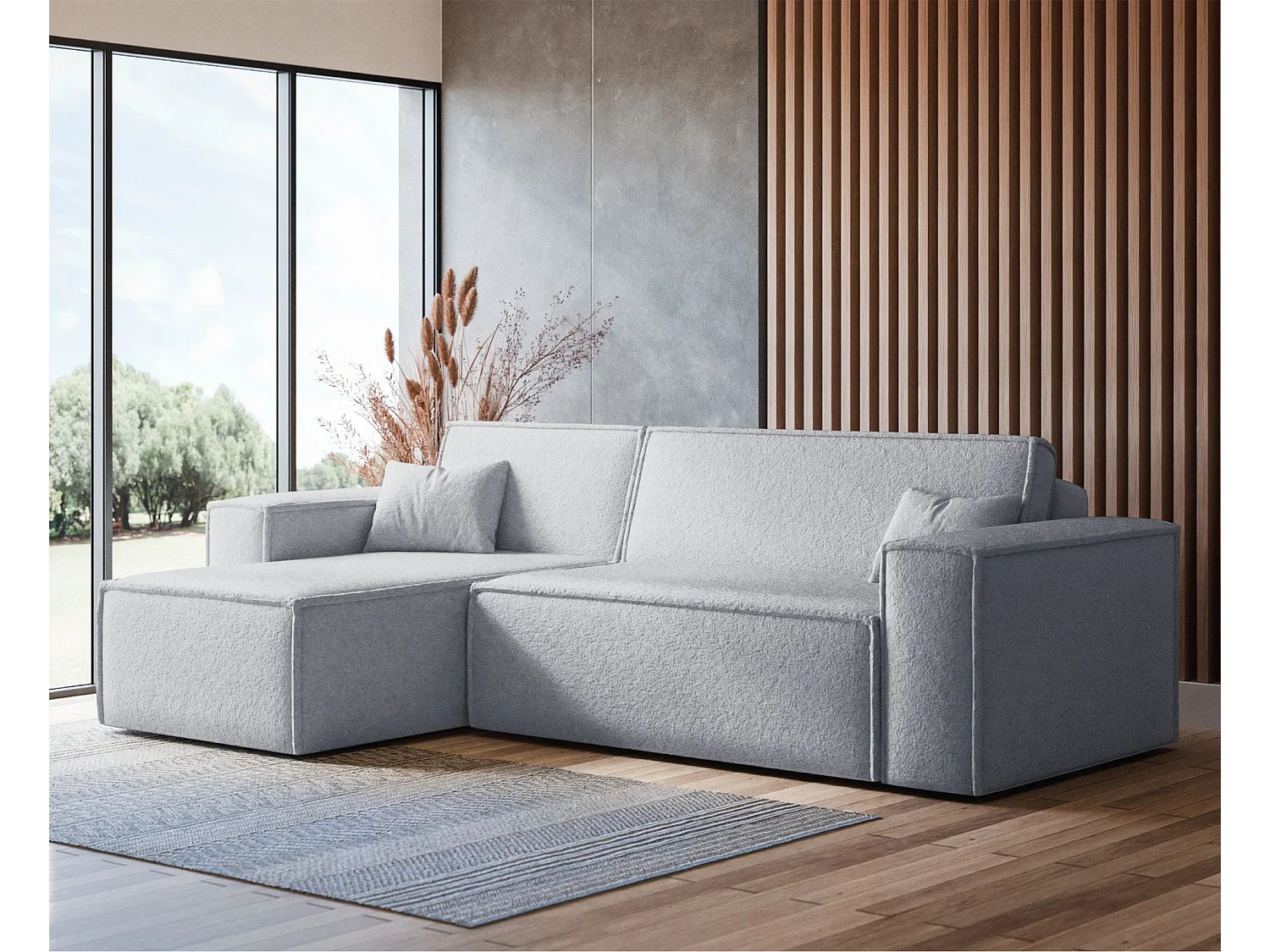 Ecksofa mit Schlaffunktion - Stauraum - Bouclé-Bezug - hellgrau - Scarlo