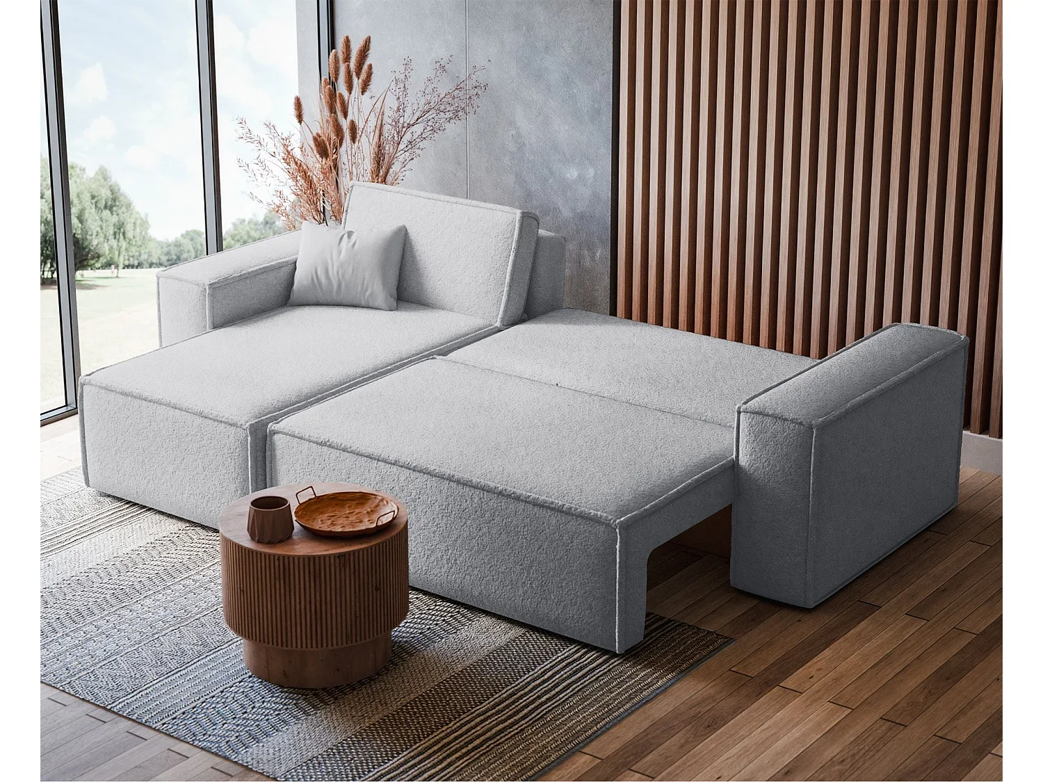 Ecksofa mit Schlaffunktion - Stauraum - Bouclé-Bezug - hellgrau - Scarlo