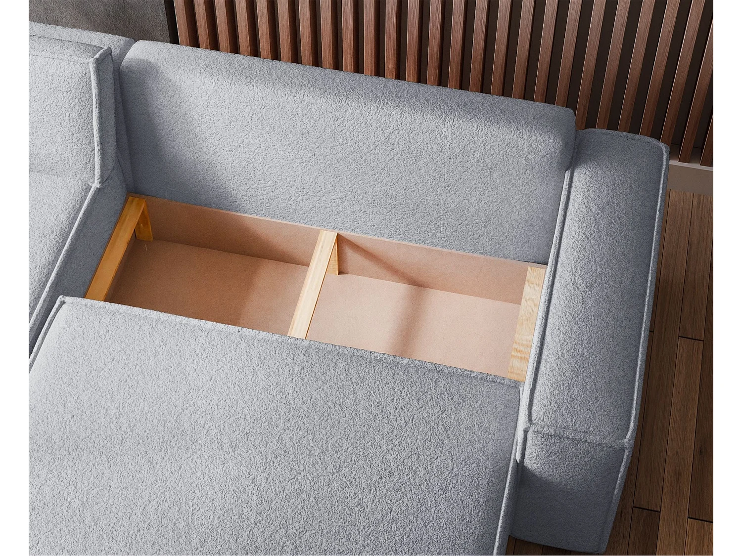 Ecksofa mit Schlaffunktion - Stauraum - Bouclé-Bezug - hellgrau - Scarlo