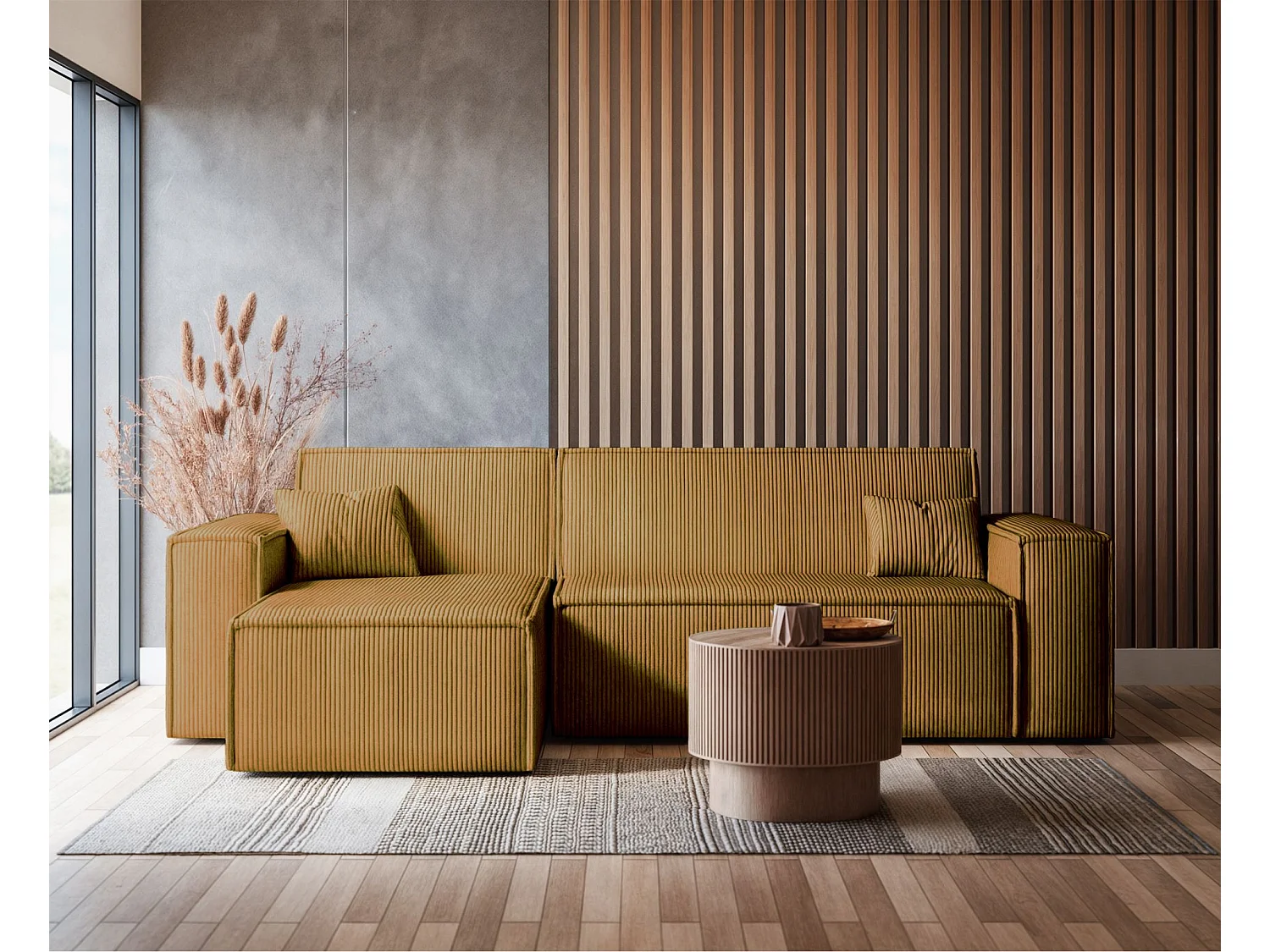 Hoekbank met ombouw - in mosterdgeel corduroy - SCARLO