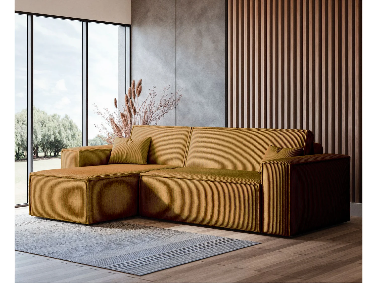 Hoekbank met ombouw - in mosterdgeel corduroy - SCARLO