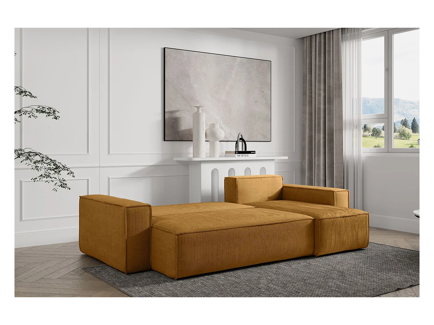 Hoekbank met ombouw - in mosterdgeel corduroy - SCARLO